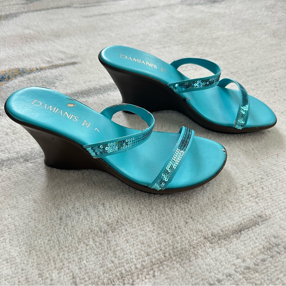 Turquoise Sequin Wedge Sandals